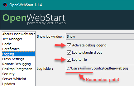 OWS settings Logging dialog window