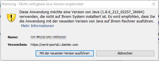 Warnung - Nicht verfügbare Java-Version