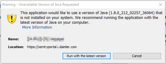 Warning - Unavailable Version of Java